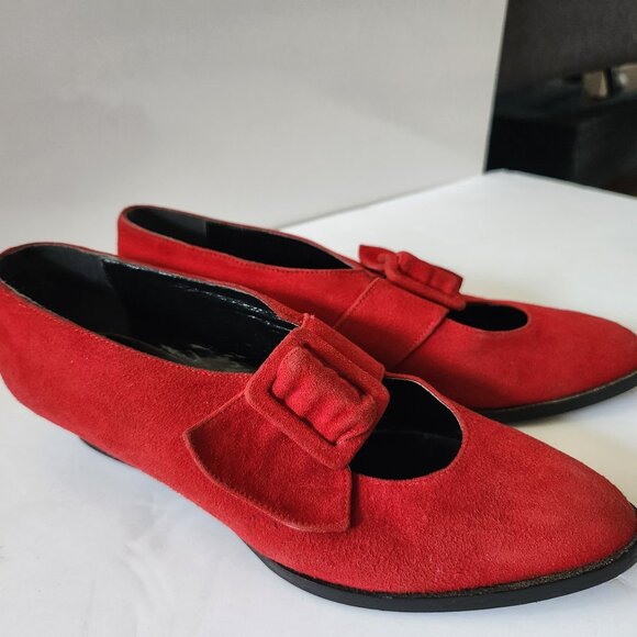 Mary Jane Ruby Red Suede Italian Dressy Shoes Kitten Heels Size 7 - Picture 2 of 10